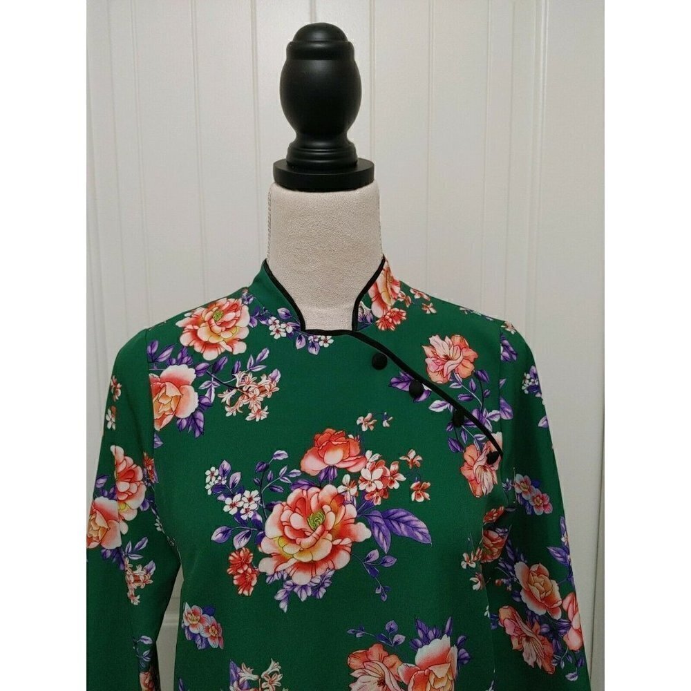 ZARA WOMAN Cheongsam Mini Dress Mandarin Collar Green Floral Size Small - Picture 3 of 8